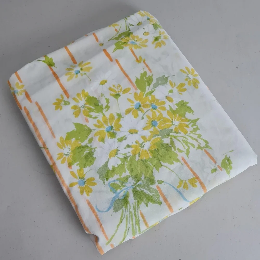 Vintage Utica Double Flat Sheet Daisy Floral Yellow Green Orange USA Bedding